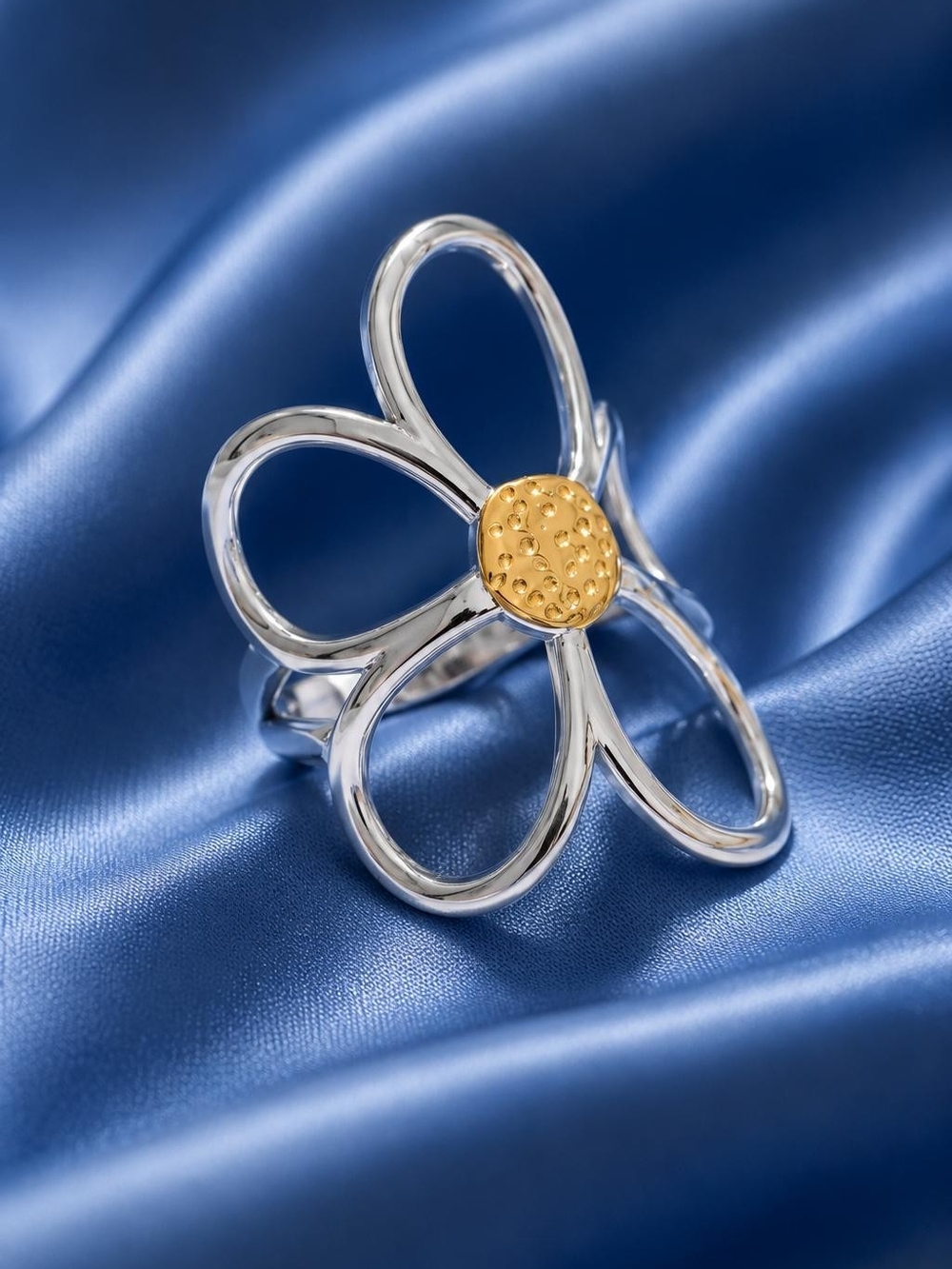 Flexible Silver & Gold Daisy Flower Ring - Women's Jewelry - Picture 2 of 5